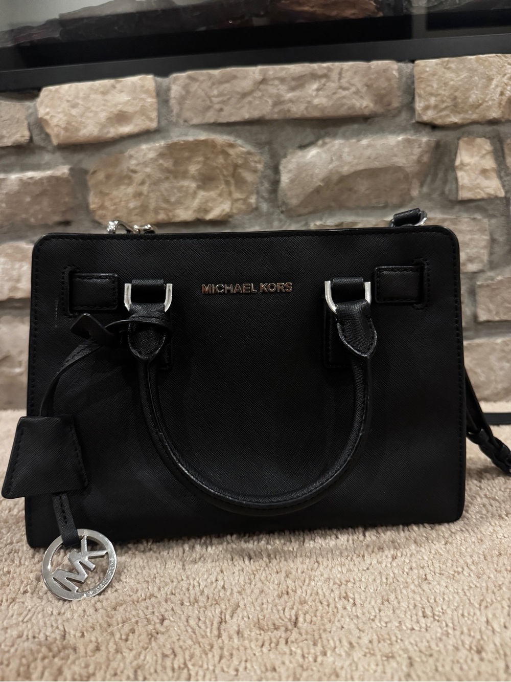 Michael Kors Black Saffiano Adjustable Crossbody Handbag with MK Charm